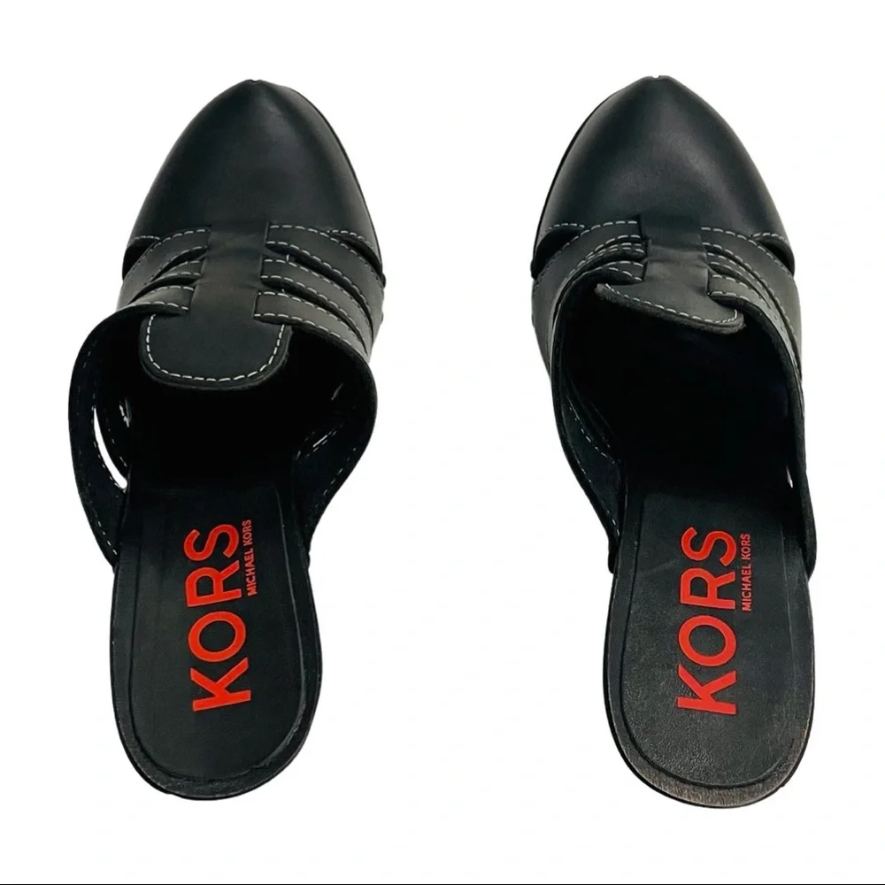 NIB Michael Kors Black Leather High Heel Stitched Clogs - Picture 3 of 10